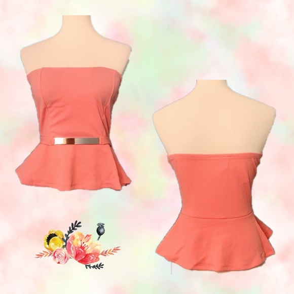 Coral Strapless Peplum Hem Top - Picture 3 of 7